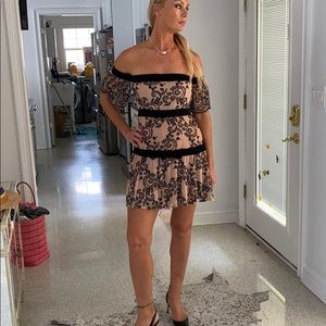 Black velvet and beige cocktail dress